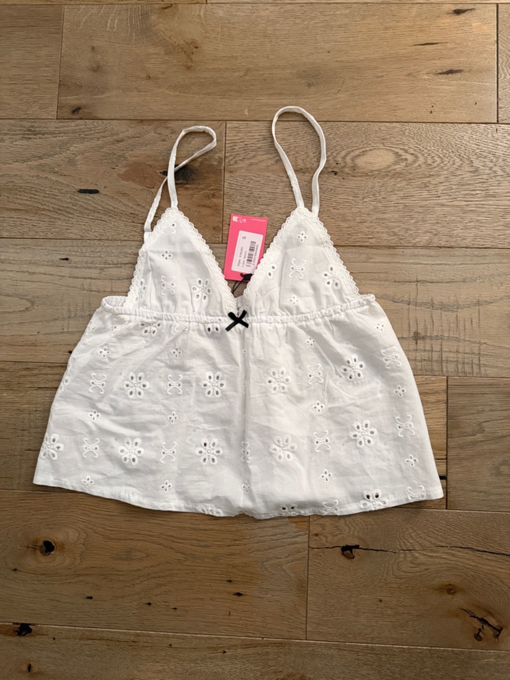 Edikted White Eyelet Spaghetti Strap Top with Bow Accent